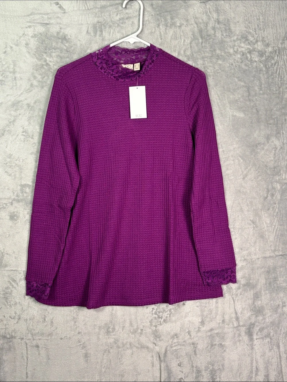 NWT New LOGO Lori Goldstein Purple Lace Cuff Shimmer Waffle Knit Top Size Small